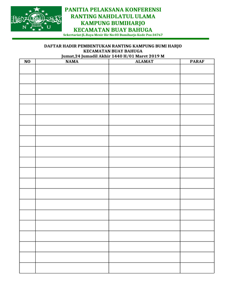 Daftar Hadir Pembentukan Ranting NU | PDF