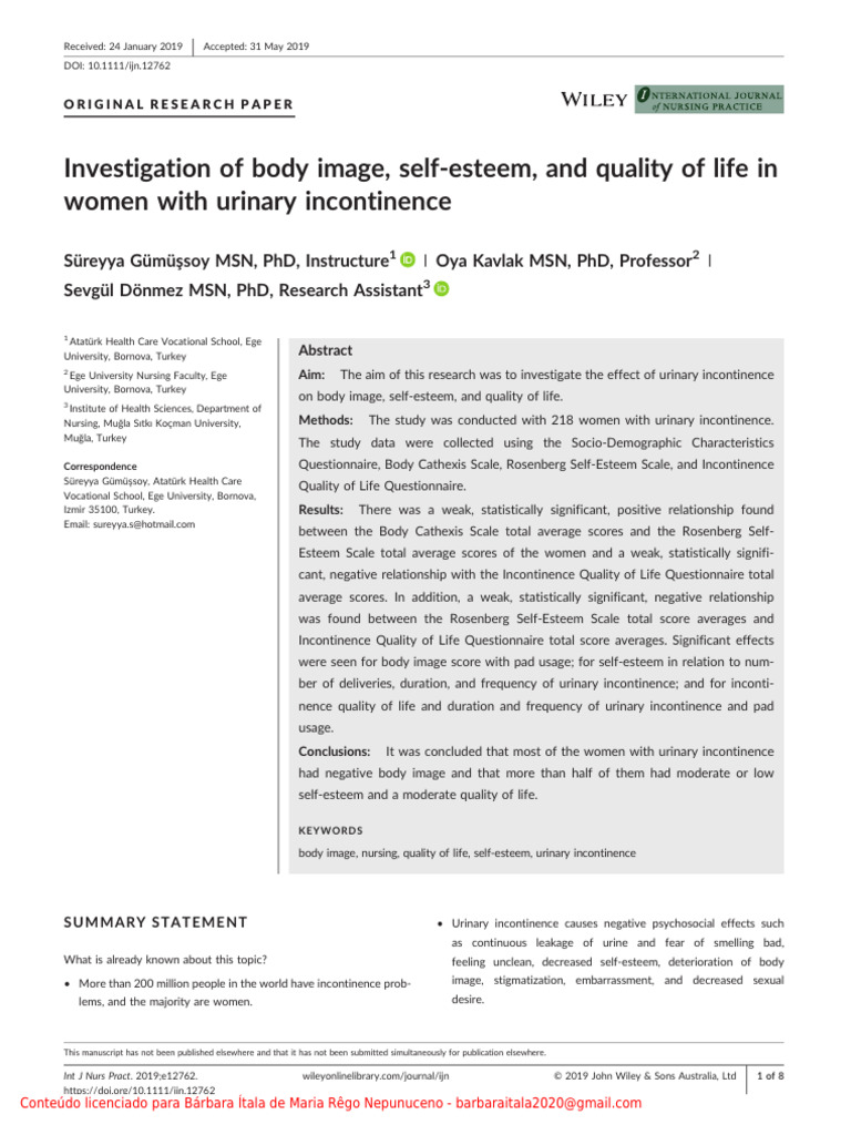 Impact of Urinary Incontinence on Women's Self-Esteem | PDF | Cronbach ...