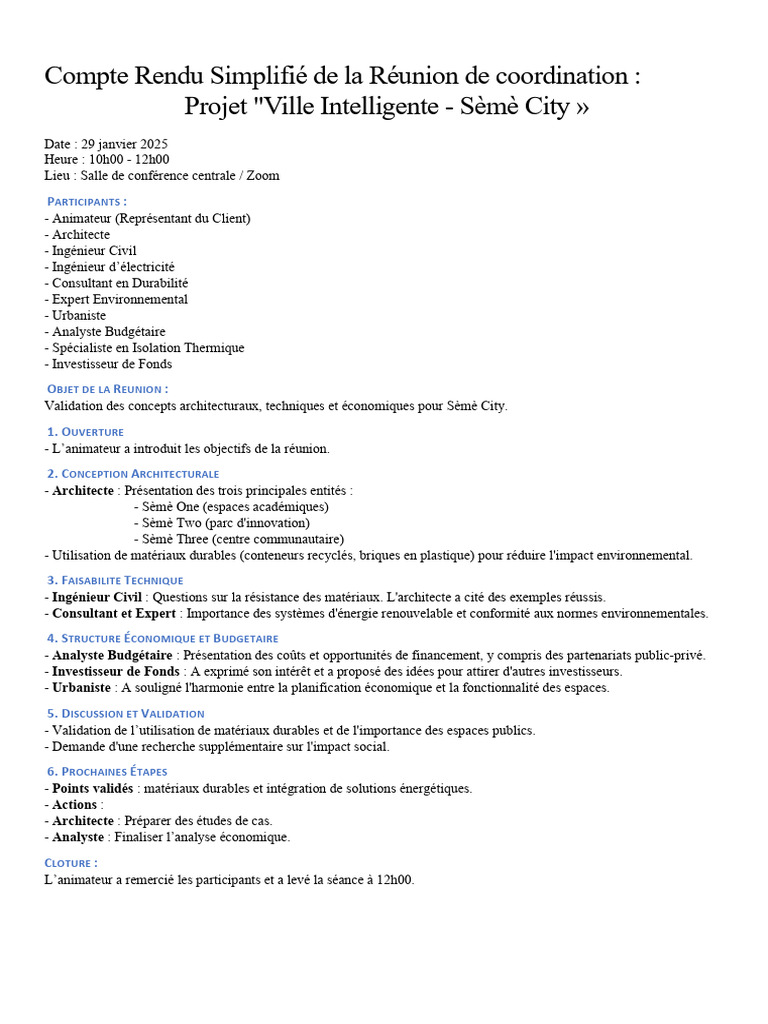 Compte Rendu Réunion Sèmè City 2025 | PDF