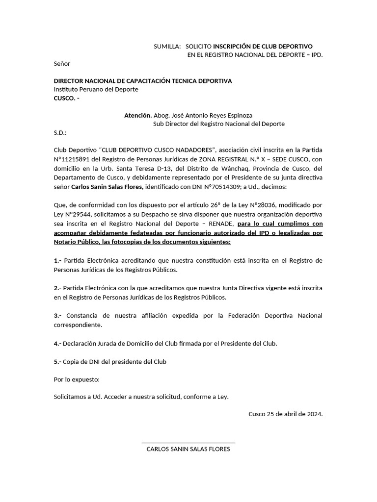 Solicitud de Inscripción en RENADE | PDF