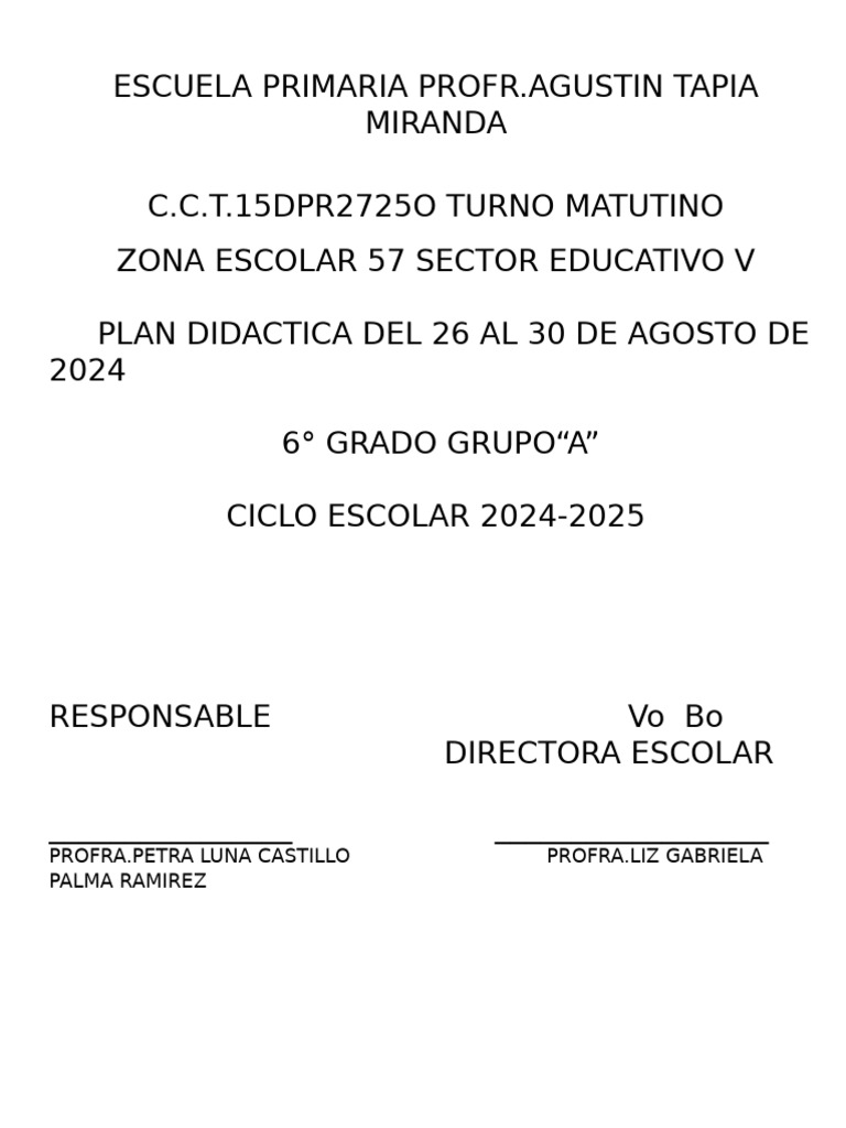 Plan Didáctico 6° Grado: 26-30 Ago 2024 | PDF