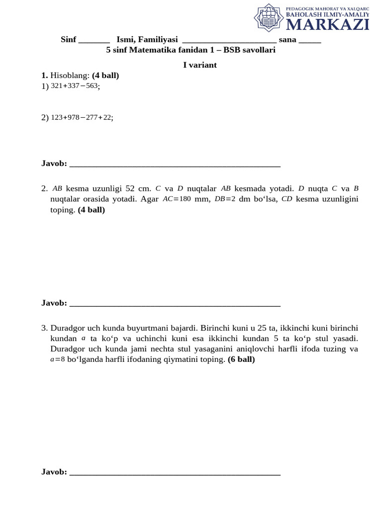 5-Sinf Matematika 1-Variant BSB @summativ - Formativ - Baholash | PDF