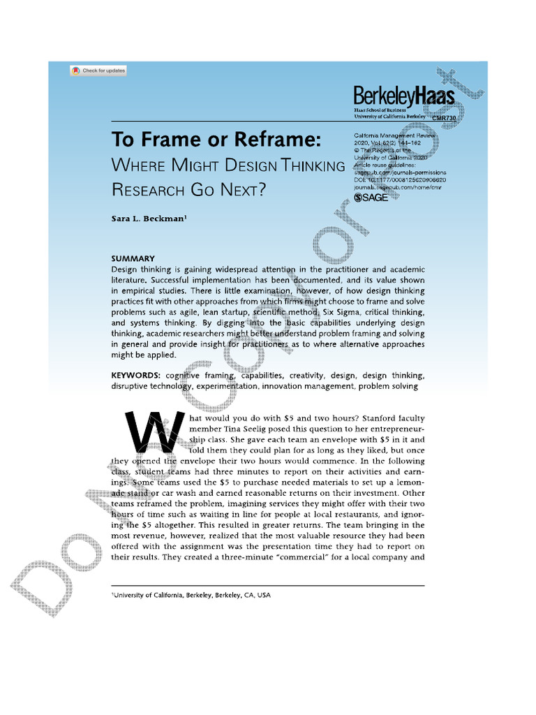 To Frame or Reframe - Where Might Design Thinking Research Go Next - 1 ...