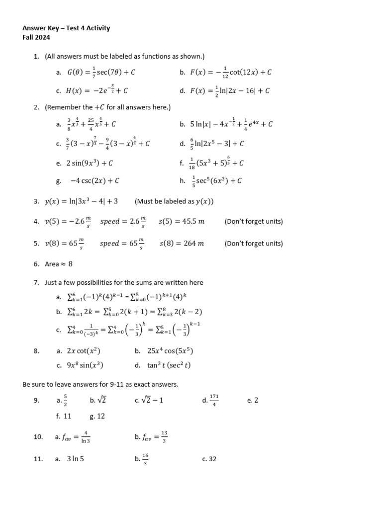 Answer Key for Fall 2024 Test 4 | PDF