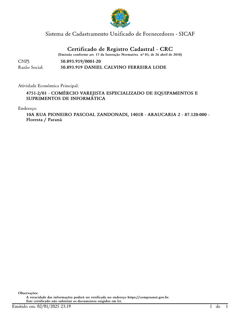 Certificado de Registro Cadastral SICAF | PDF