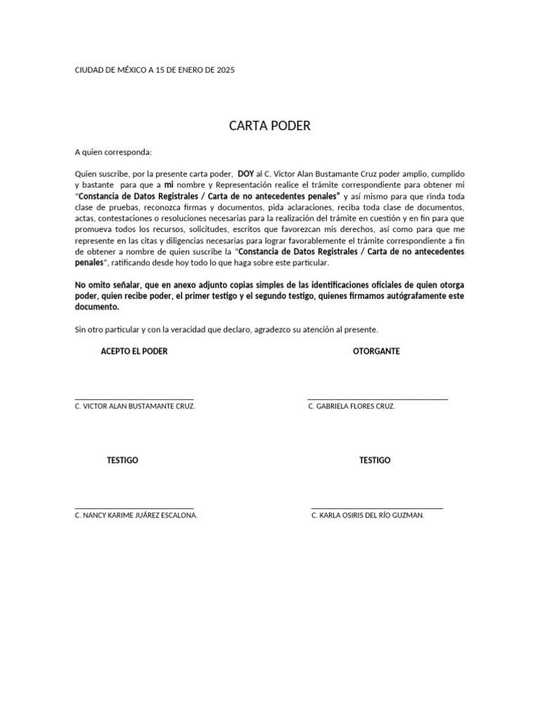 Carta Poder para Trámites Civiles | PDF | Justicia | Crimen y violencia