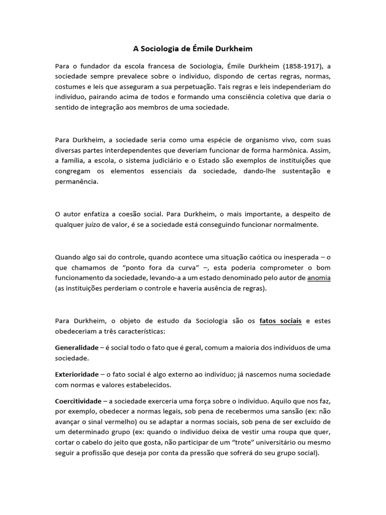 Sociologia de Durkheim: Fatos Sociais e Coesão | PDF