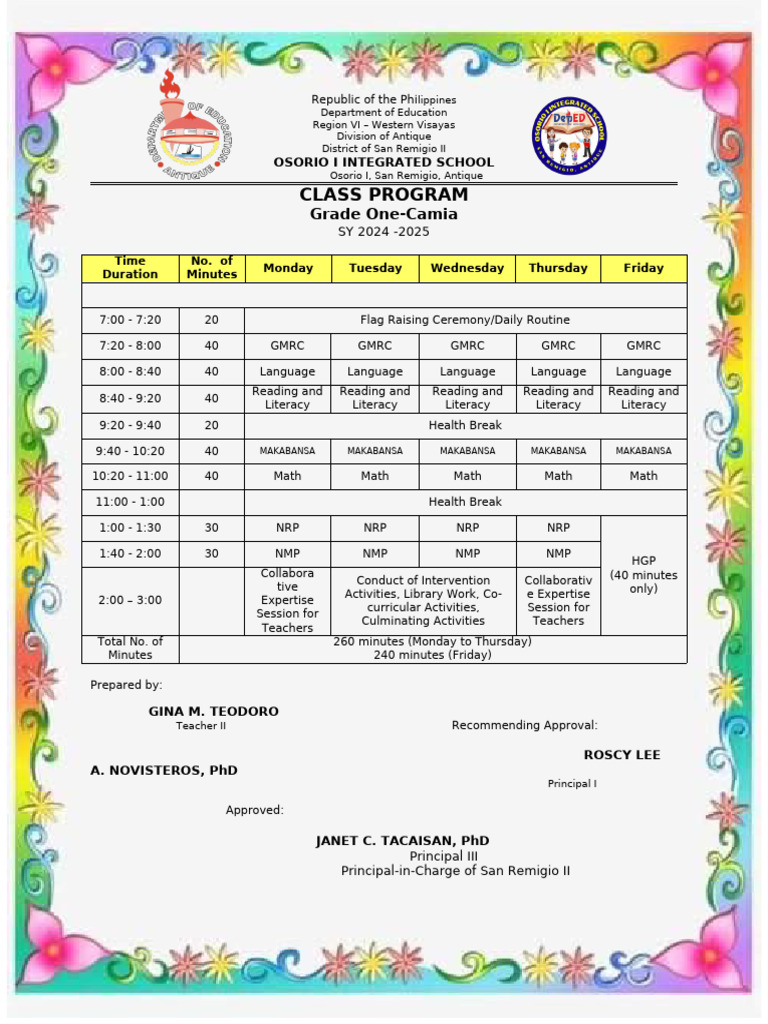grade 1 class program matatag 2024-2025 | PDF
