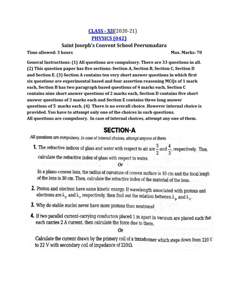 Class XII Physics Exam Paper 2020-21 | PDF