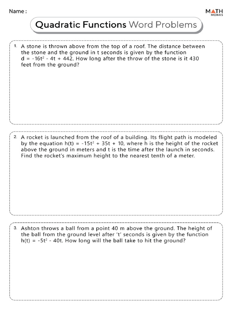 Quadratic Function Word Problems Worksheet With Answers | PDF