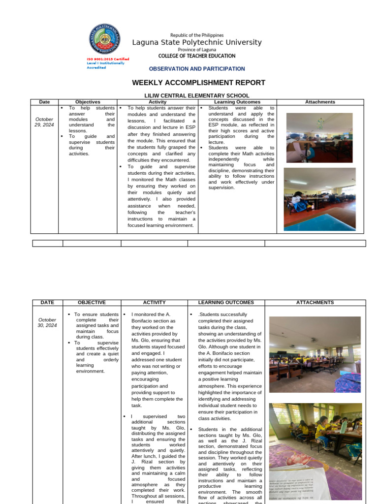 Week 4 Accomplsihment Report Finaldocx | PDF | Learning | Disciplines