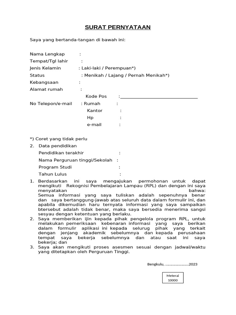 Surat Pernyataan Permohonan RPL | PDF