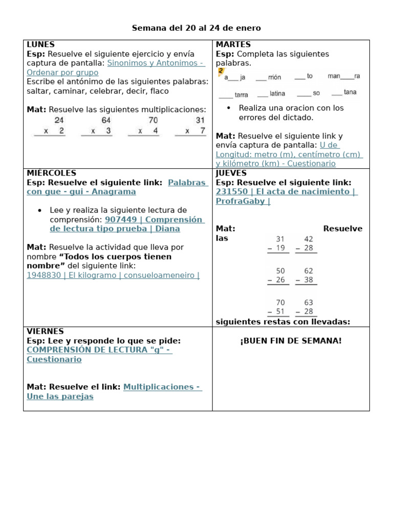 Semana Del 20 Al 24 de Ener1 | PDF