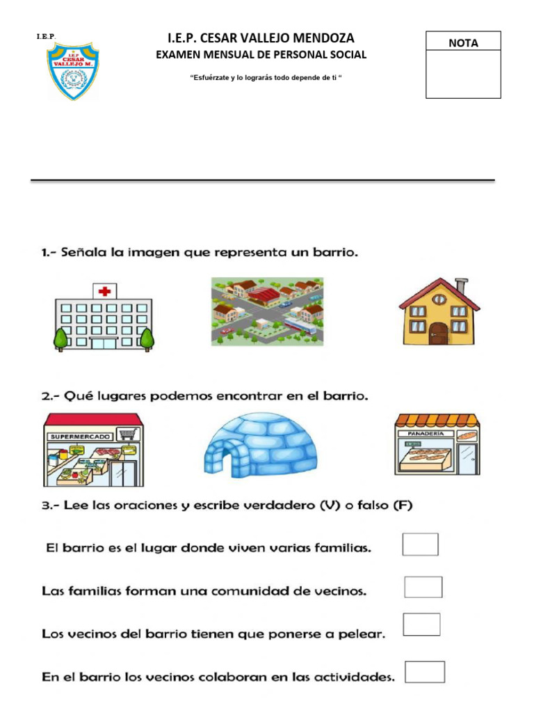 Examen Mensual de Personal Social 2do Grado ABRIL | PDF