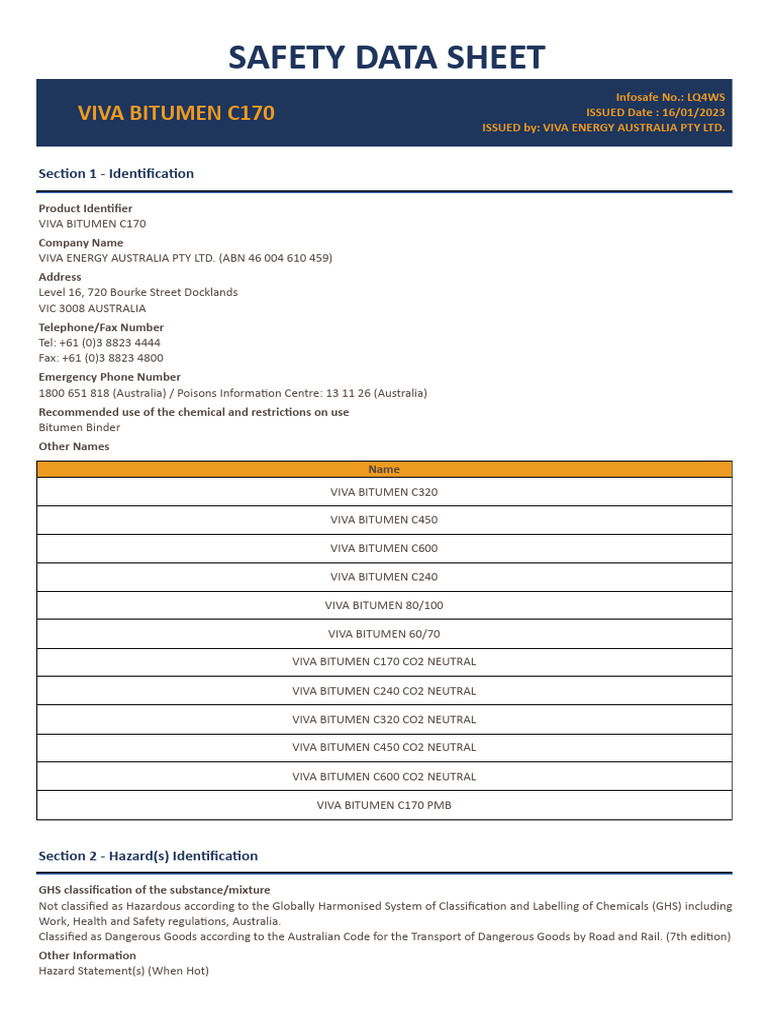 VIVA Bitumen C170 Safety Data Sheet | PDF | Dangerous Goods ...