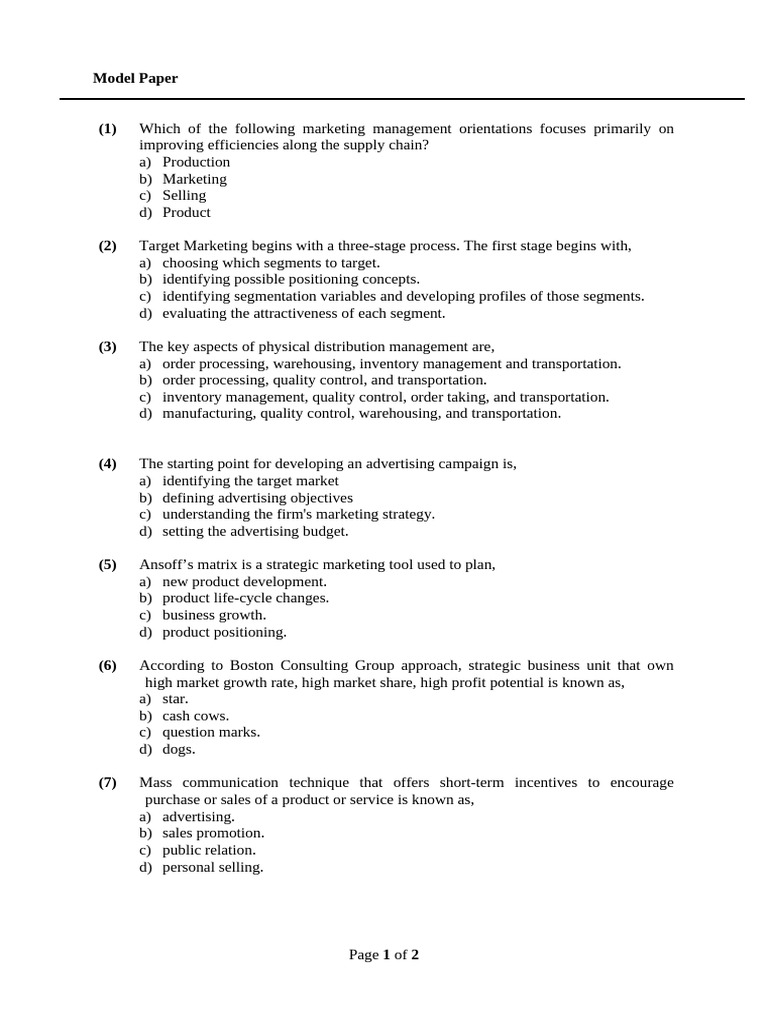 Marketing Management Concepts Quiz | PDF | Marketing | Product (Business)
