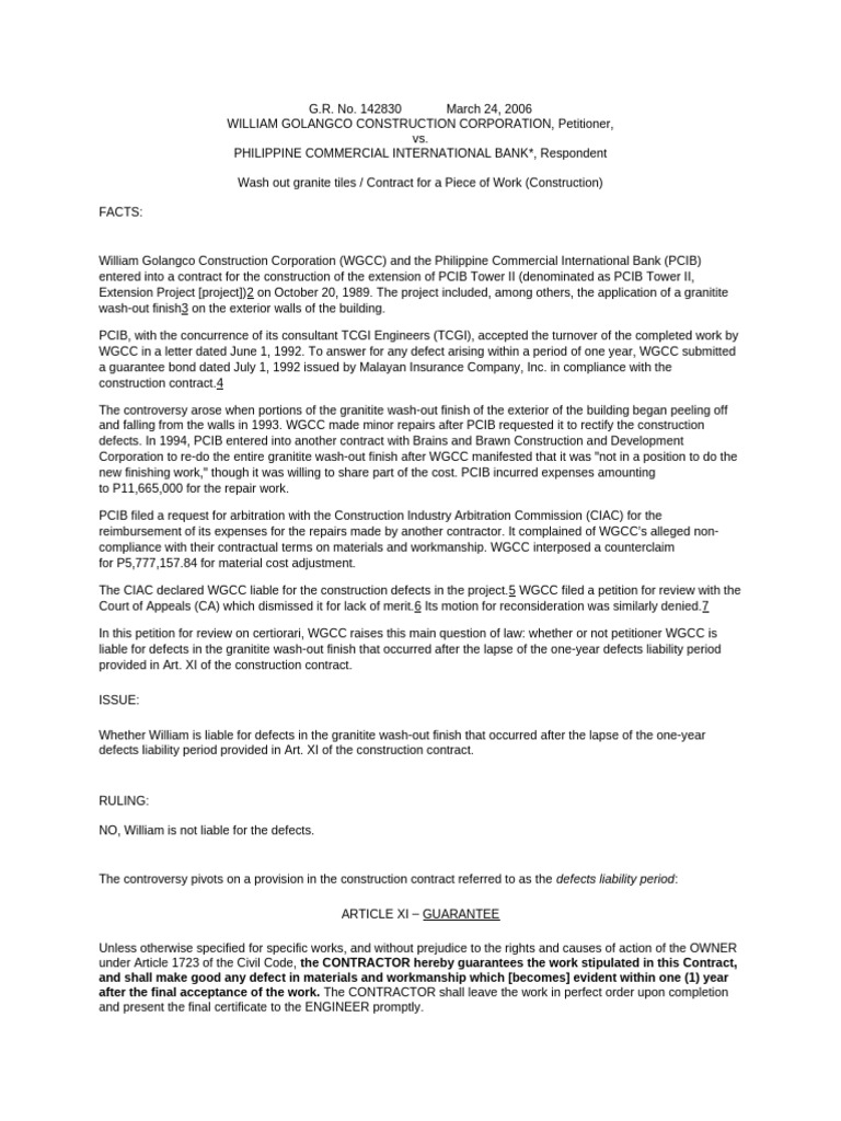 WGCC vs. PCIB: Construction Defect Liability | PDF | Legal Liability ...