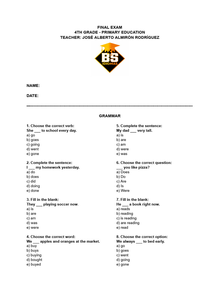 4th Grade English Final Exam Guide | PDF