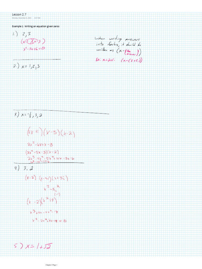 Lesson 2.7: Example 1 Writing An Equation Given Zeros | PDF