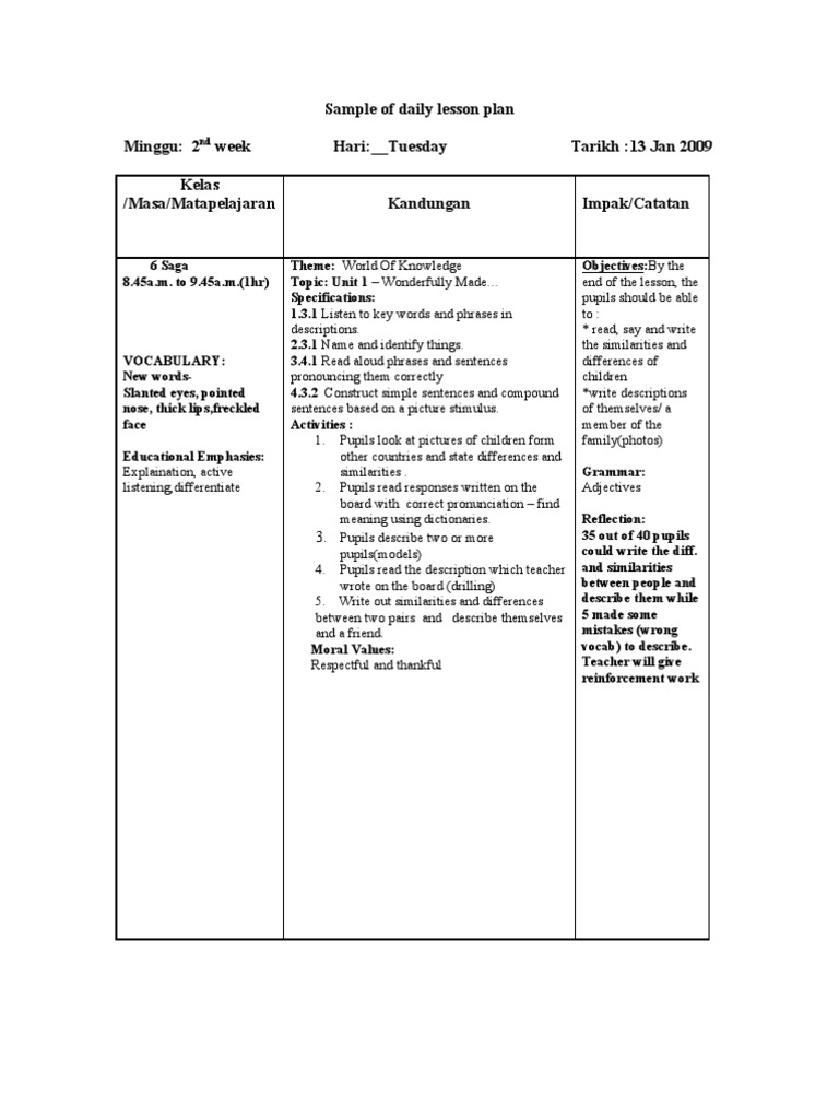 Sample of Daily Lesson Plan | PDF | Question | Lesson Plan