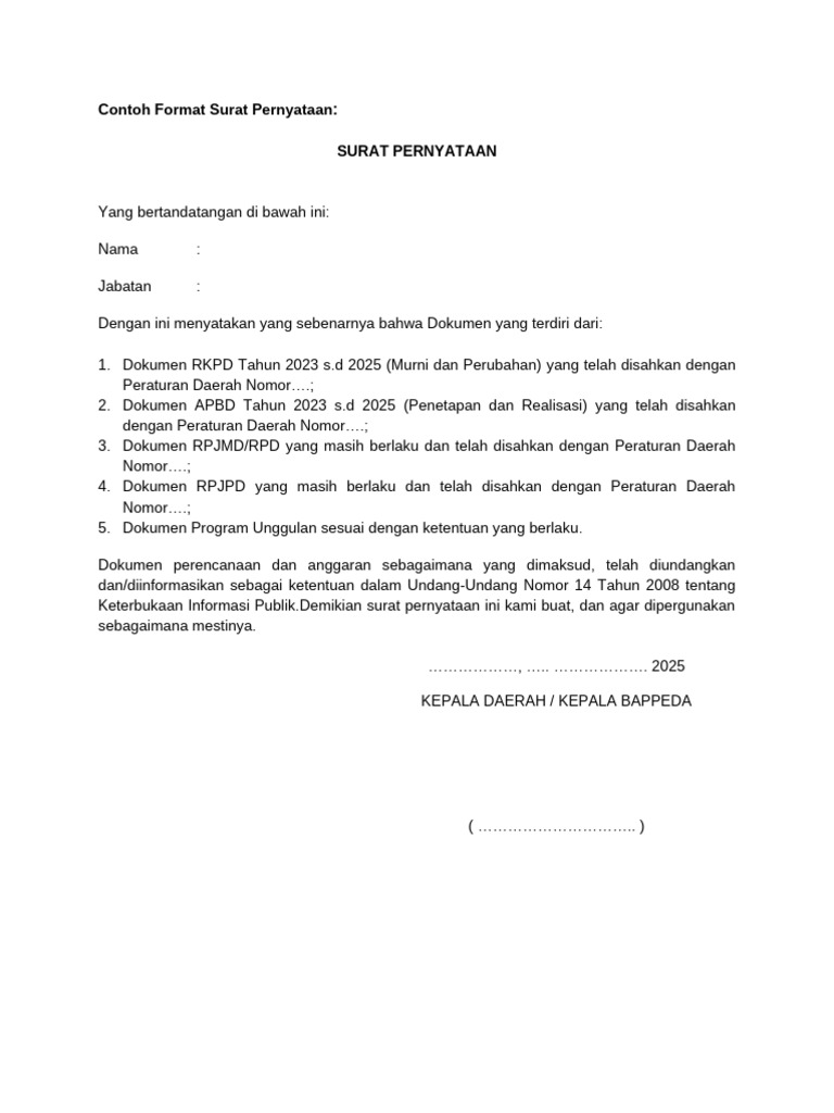 Format Surat Pernyataan Dokumen Perencanaan | PDF