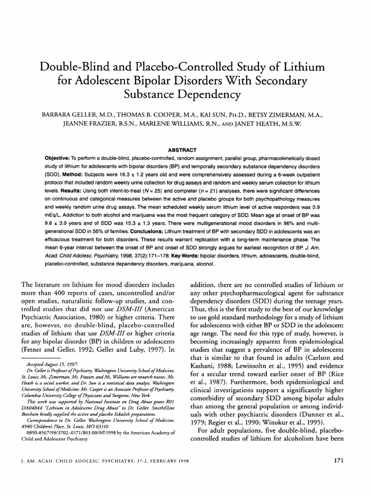 Double Blind and Placebo Controlled Study of Lithi | PDF | Substance ...
