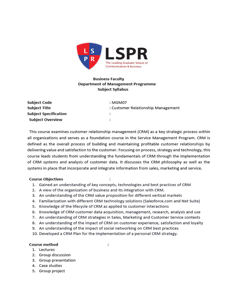 CRM Course for Business Students | PDF | Customer Relationship ...