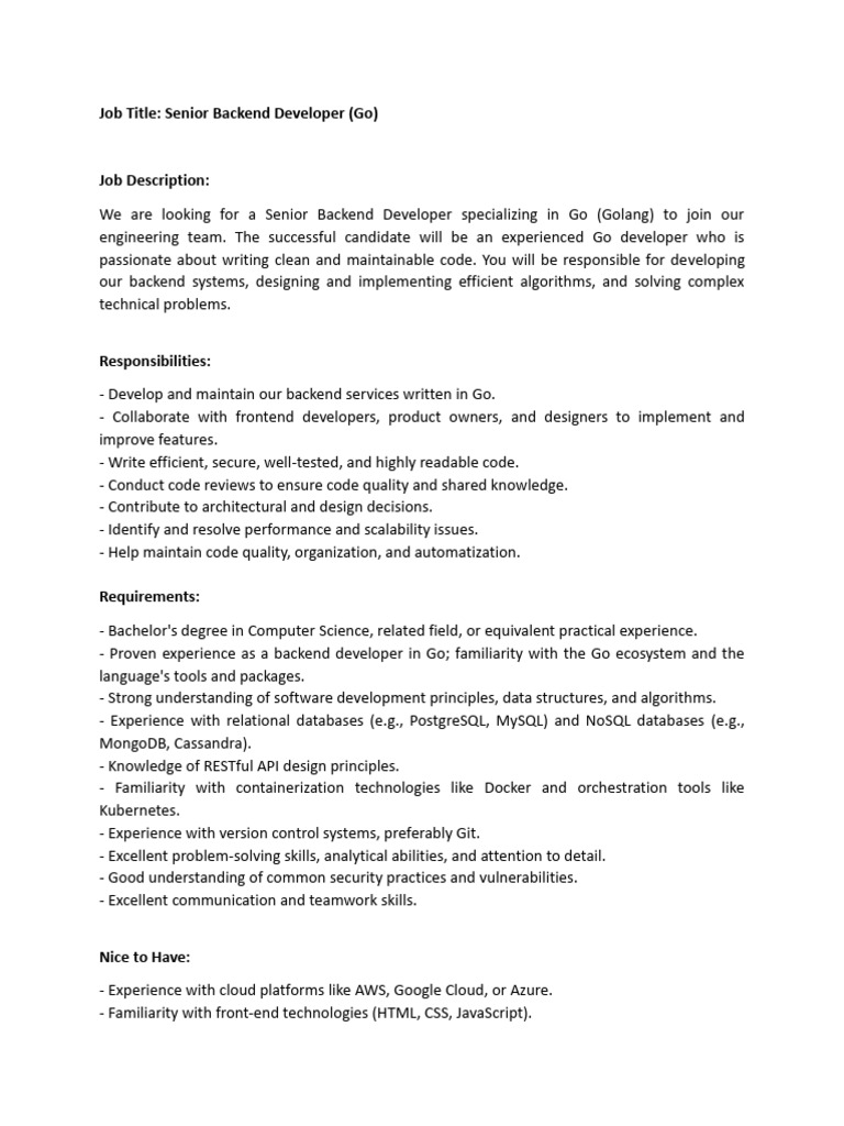 Senior Go Backend Developer Job Opening | PDF
