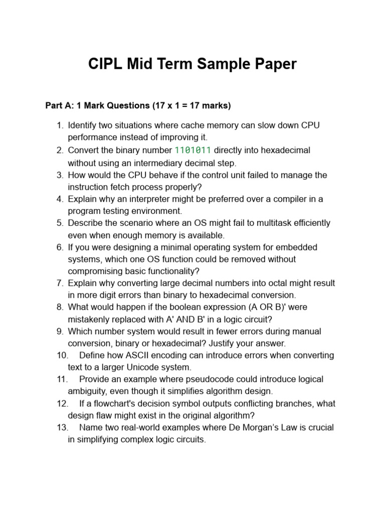 CIPL Mid Term Exam Sample Paper | PDF | Logic Gate | Boolean Algebra
