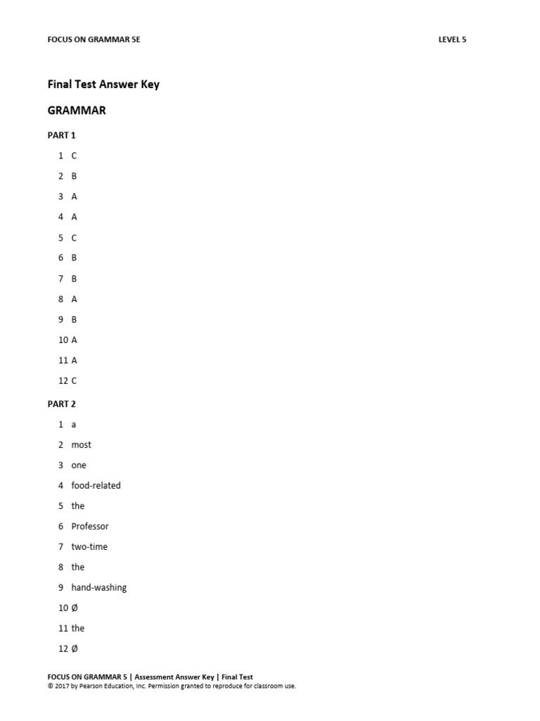 Focus on Grammar 5E Final Test Key | PDF