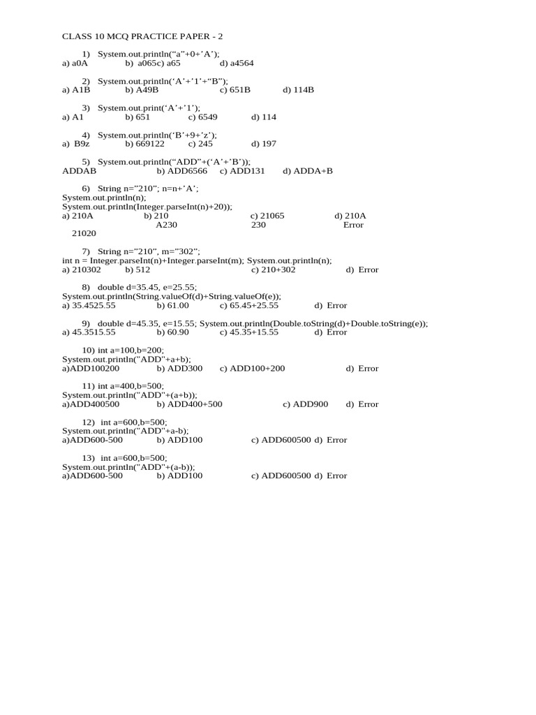 Class 10 Java MCQ Practice Paper 2 | PDF | Class (Computer Programming ...