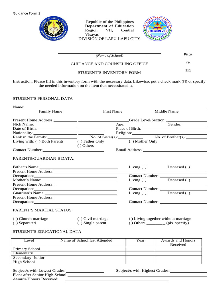 Guidance Form 1-Student-Inventory-Form | PDF | Bullying | Interpersonal ...