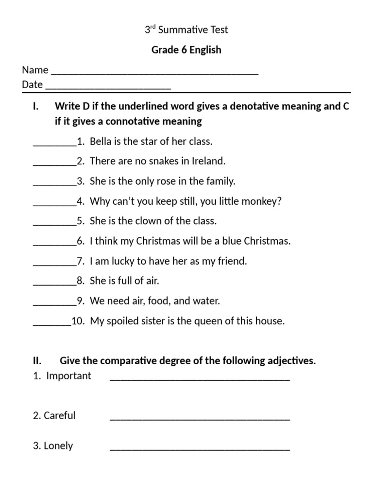 Grade 6 English Test: Denotation, Connotation, and Grammar | PDF