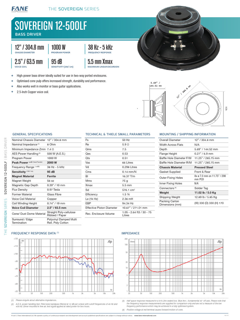 Fane Sovereign 12-500LF Bass Driver | PDF | Telecommunications ...