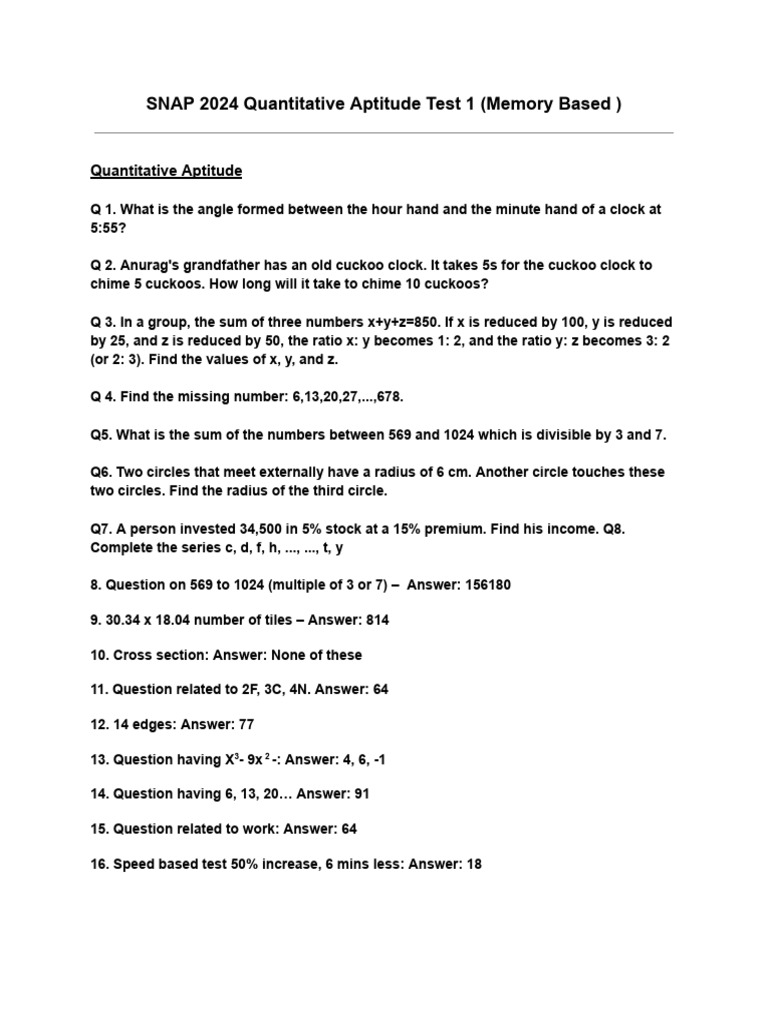 SNAP 2024 Quantitative Aptitude Test 1 Memory Based | PDF