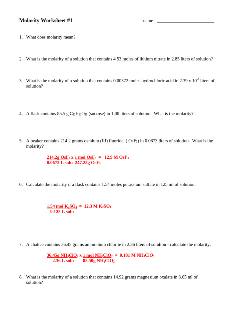 445499815 Molarity Worksheet 1 | PDF | Hydroxide | Magnesium
