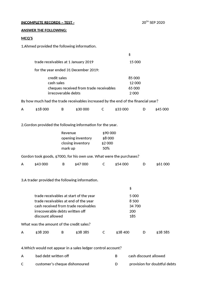 Incomplete Records Accounting Test | PDF