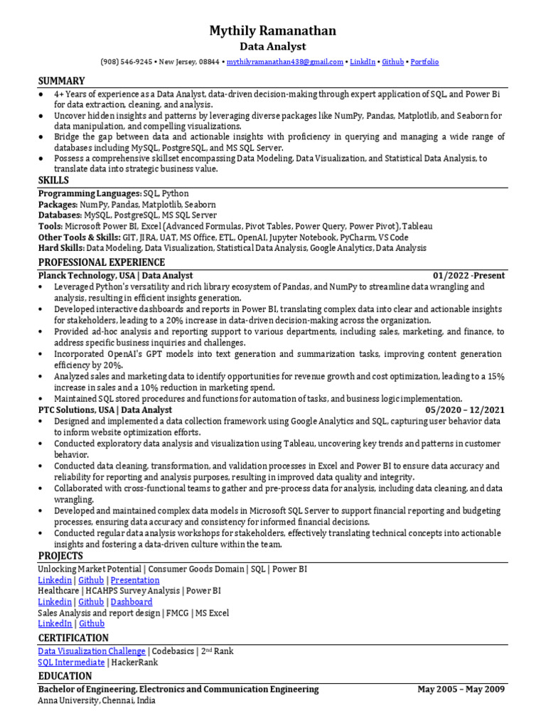 Data Analyst Resume of Mythily Ramanathan | PDF | Data Analysis ...