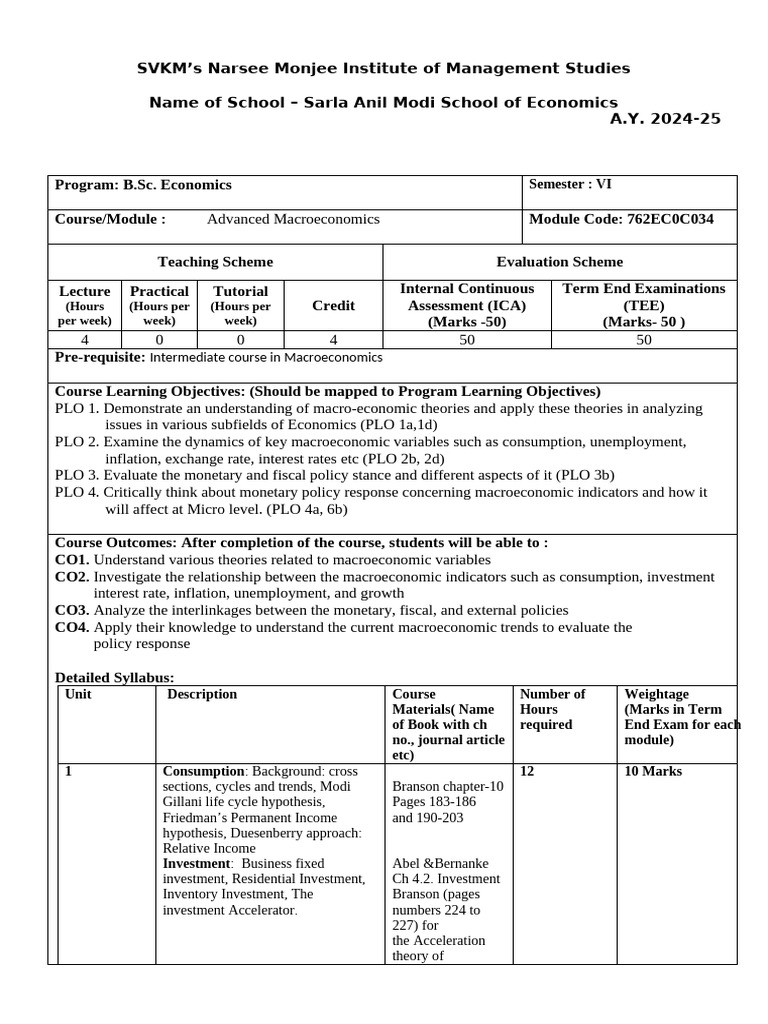 Advanced Macroeconomics Course Outlines 2024-25 | PDF | Keynesian ...
