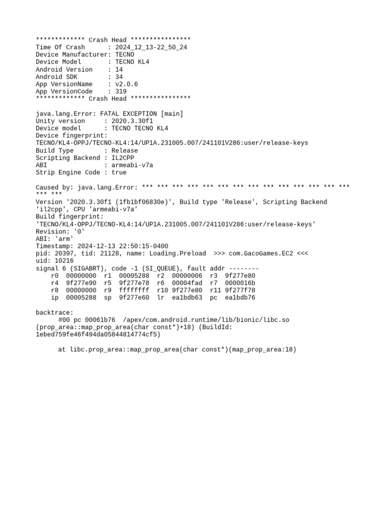 TECNO KL4 Crash Report - Unity Error | PDF