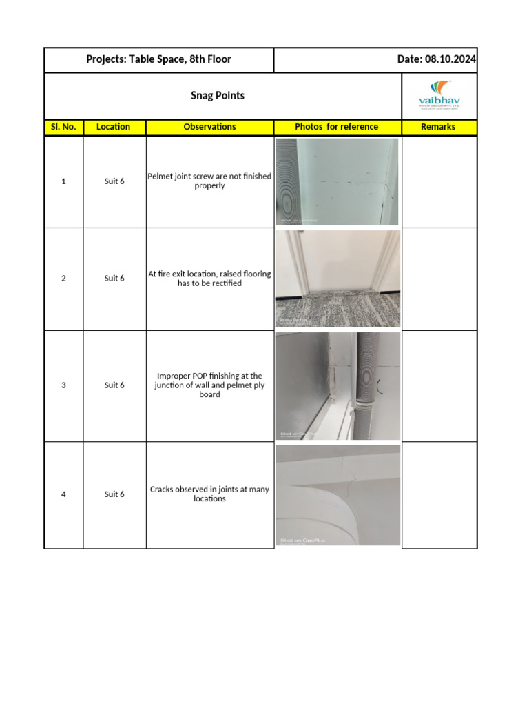 Snag List for Table Space 8th Floor | PDF | Door | Buildings And Structures