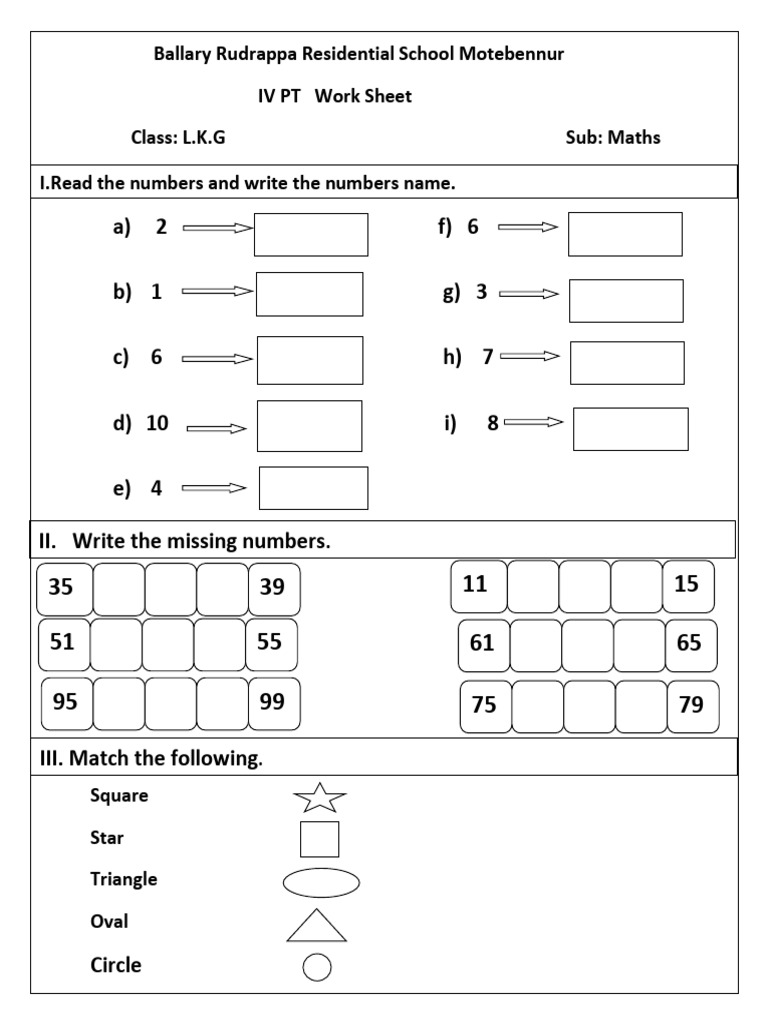 LKG Maths Worksheet for Ballary School | PDF
