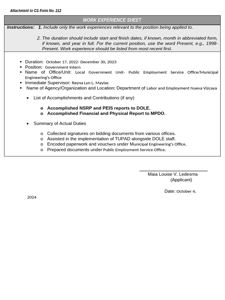 CS Form No. 212 Attachment - Work Experience Sheet | PDF