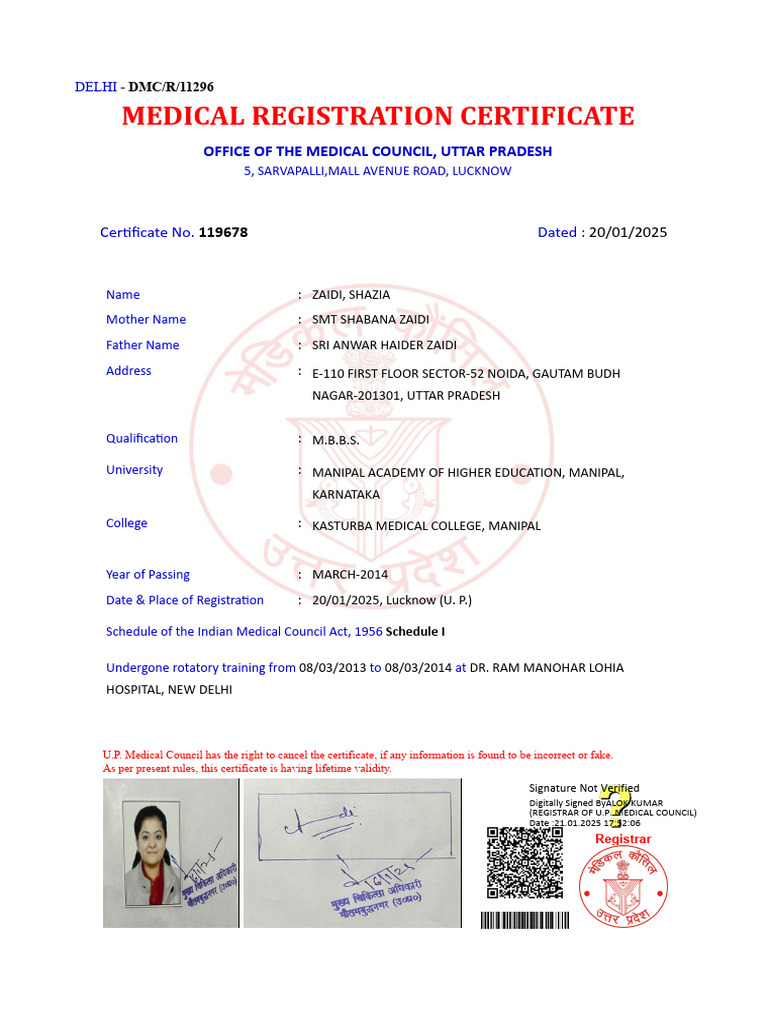 Medical Registration Certificate: Office of The Medical Council, Uttar ...