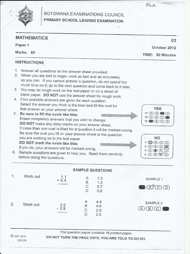PSLE 2012 Maths Marking Key | PDF