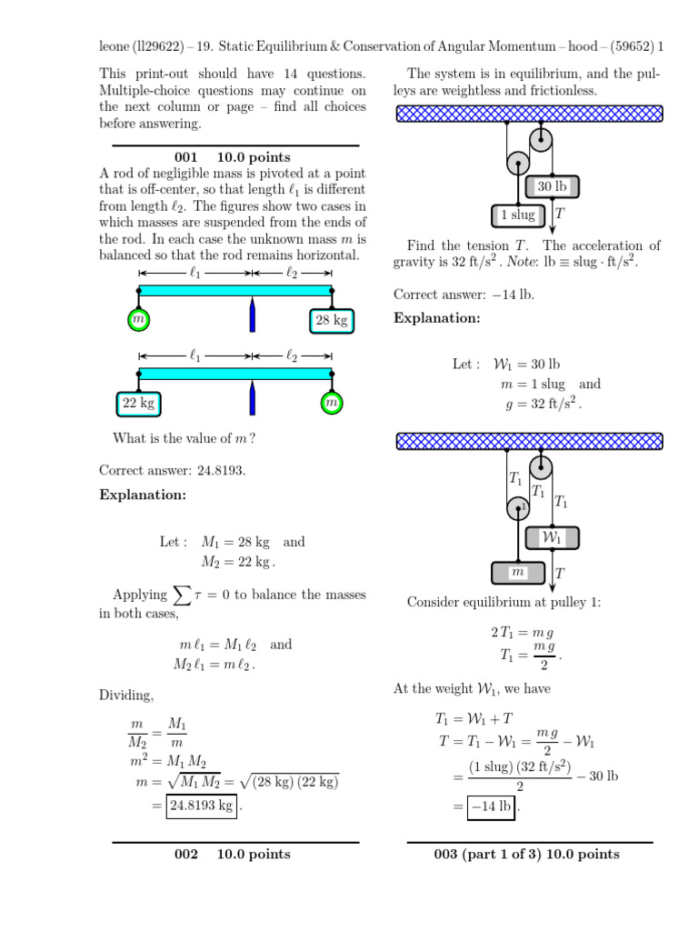 Static Equilibrium & Angular Momentum Problems | PDF | Physics | Mechanics