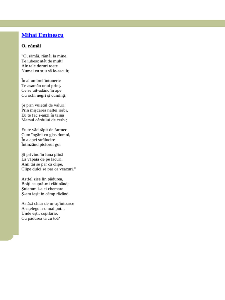 Mihai Eminescu - O, Ramai | PDF