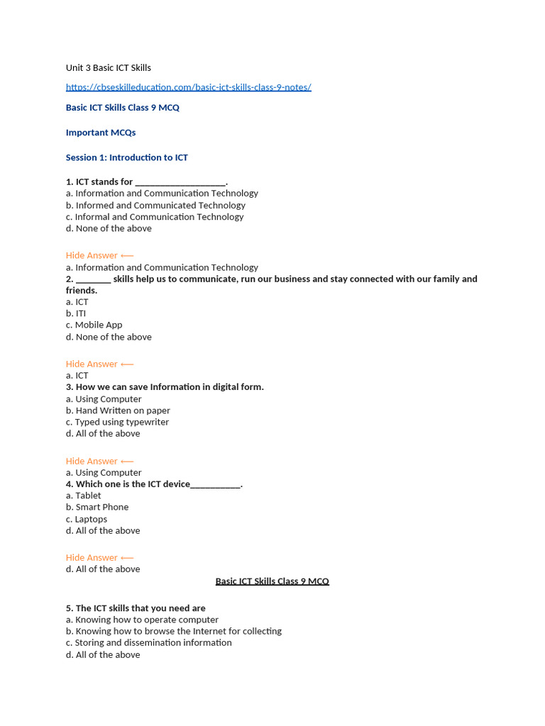 Class 9 ICT Skills MCQs | PDF | Computer Data Storage | Tablet Computer