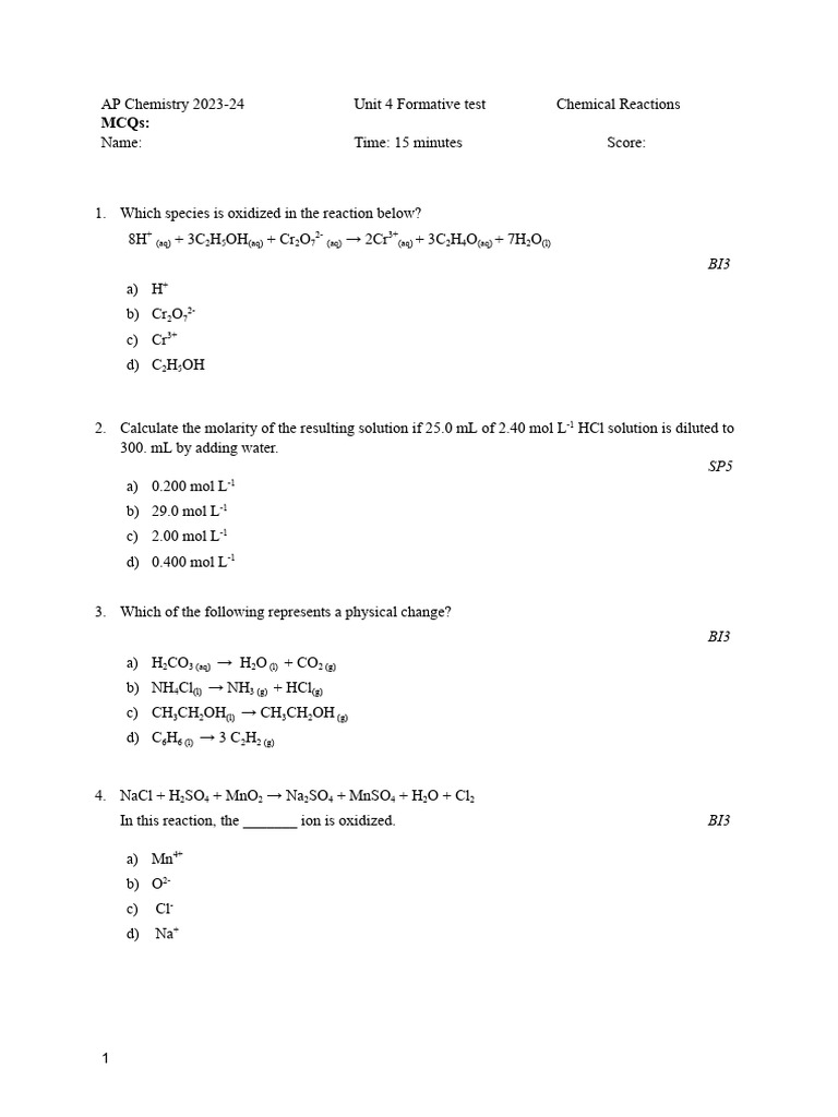 Unit+4+Formative+MCQ+(set+2) | PDF | Chemical Reactions | Ammonia