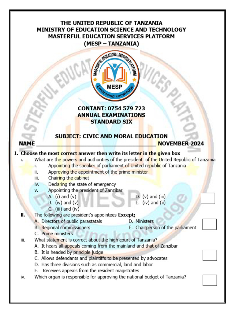 Standard Six Annual Exam Papers 2024 | PDF | Julius Nyerere | Tanzania